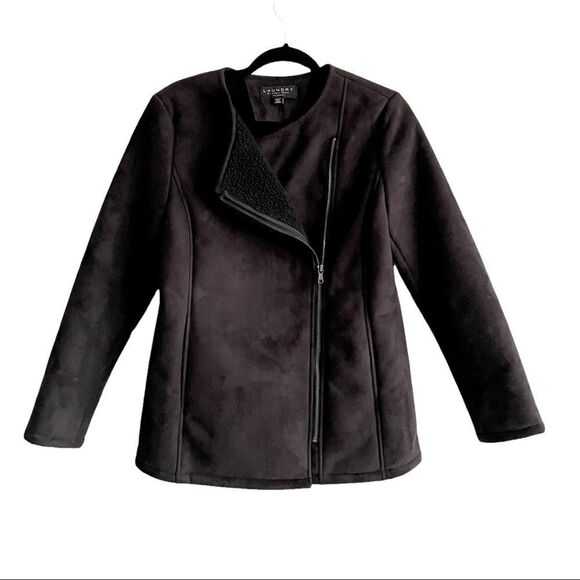 LAUNDRY BY SHELLI SEGAL Faux Suede Shearling Asymmetrical Winter Jacket Black S - Picture 1 of 7